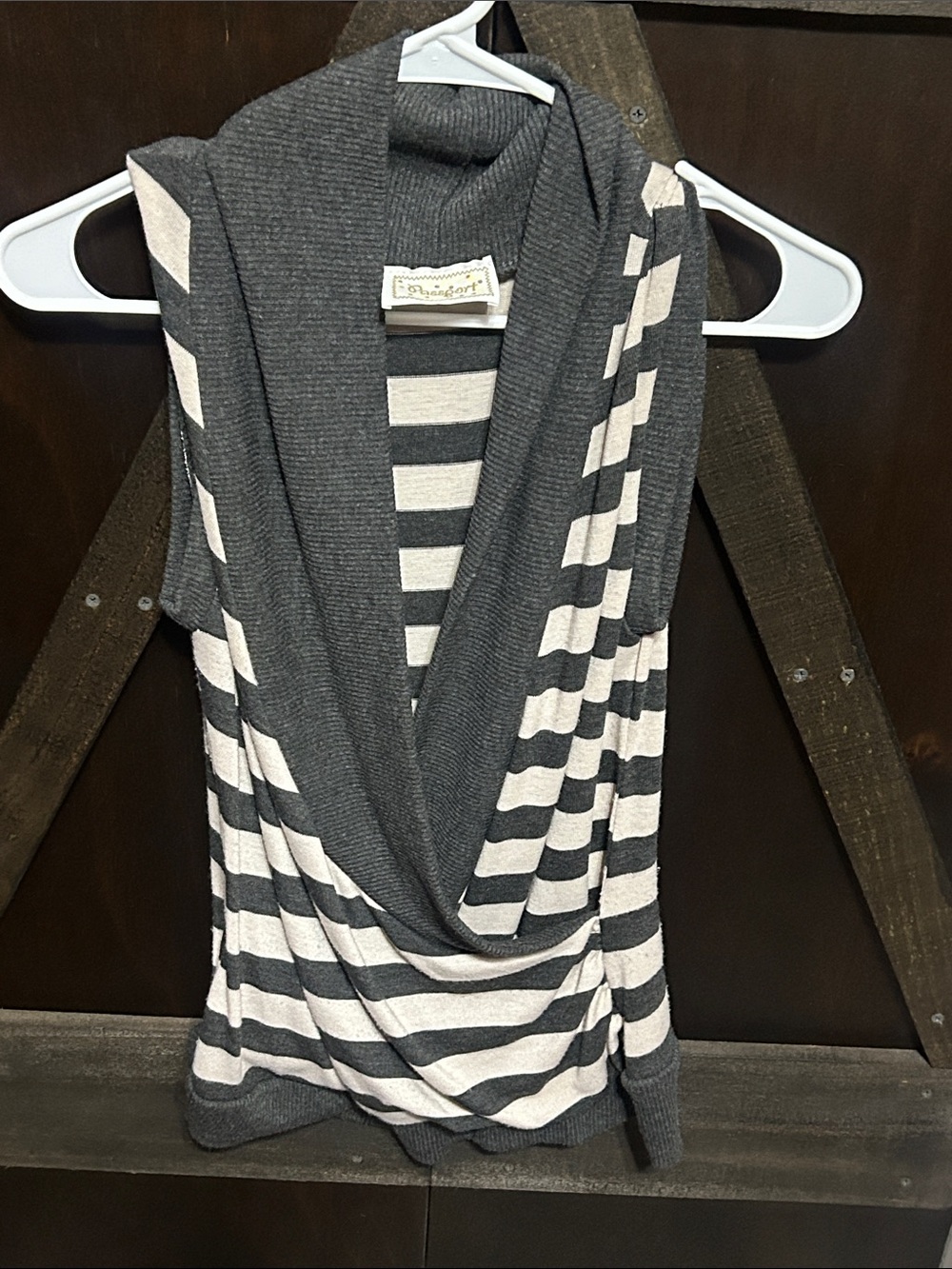 Gray and Cream Striped Drape Front Women’s Top